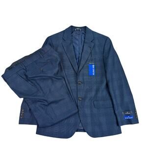 Nautica Mens 2-Piece Modern Fit Bi-Stretch Plaid Suit Navy Blue 36S 30W